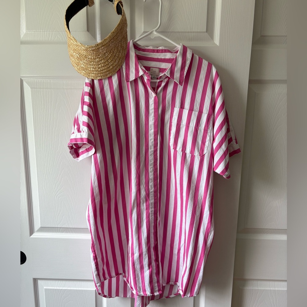 A New Day Pink White Stripe Short Sleeve Button Front Knee Length Dress Large